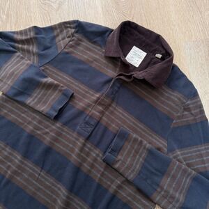 Billy Reid Striped Rugby Shirt Mens Medium Navy Brown Corduroy Collar LS
